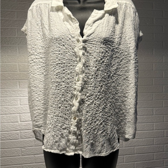 Cream Long Sleeve Ruched Button Down Shirt - Picture 1 of 2